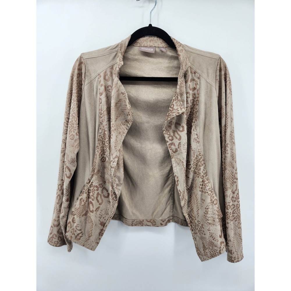 Chicos Womens‎ Jacket Tan Brown Animal Print Faux Suede Open Front 0 / US Small